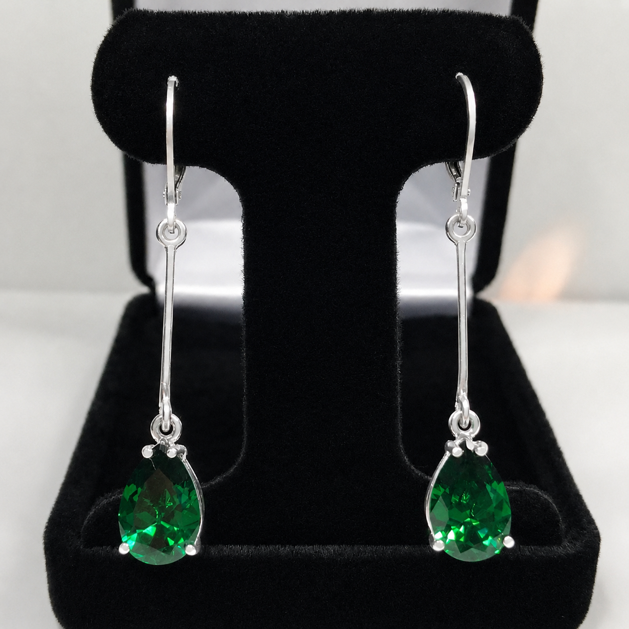 7CTW Pear Cut Emerald Statement Earrings | 2-Inch Long Dangle | Lever Back