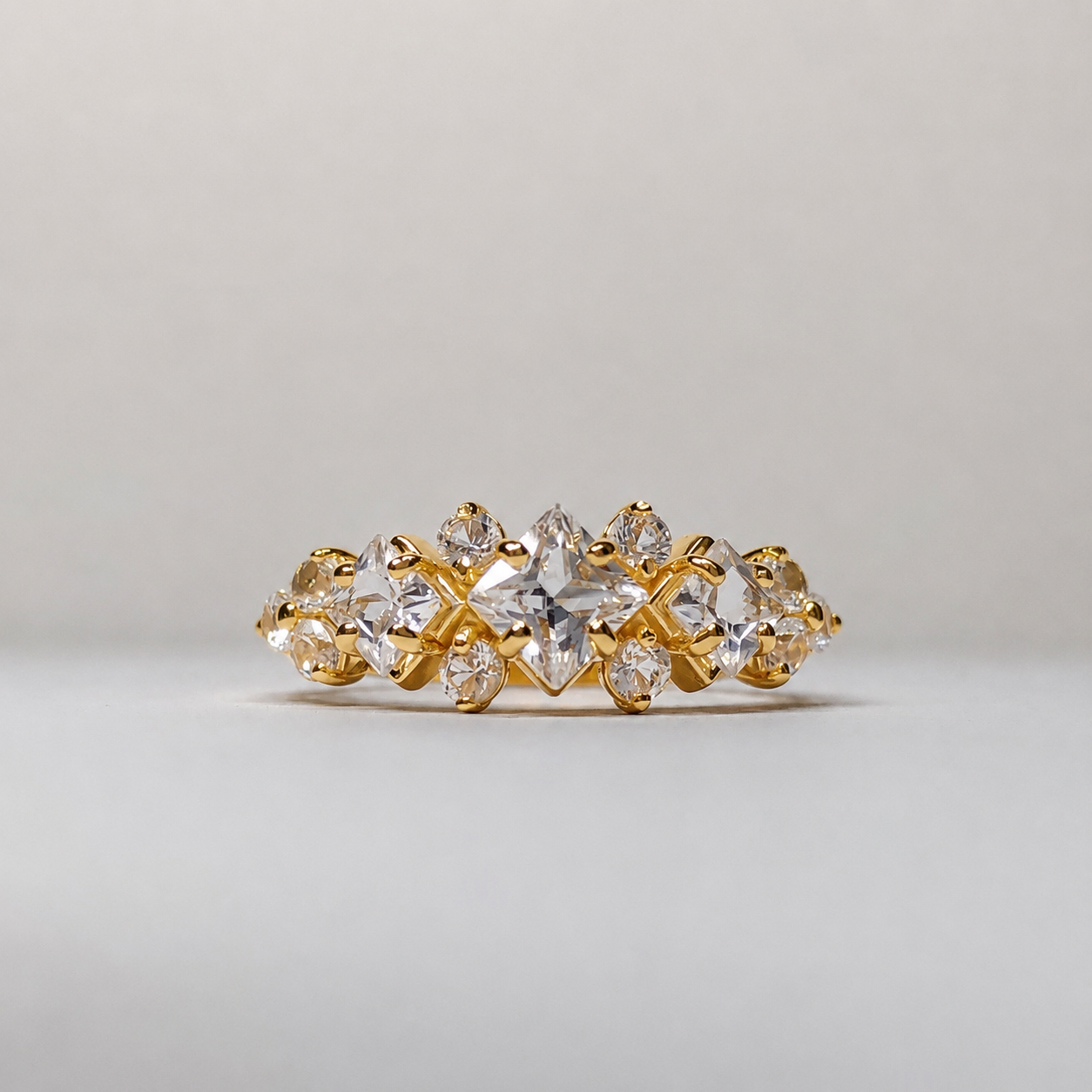 Art Deco Inspired Princess Cut White Sapphire and Diamond Three Stone Ring