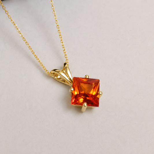 1.2ct Princess Cut Orange Padparadscha Sapphire Solitaire Pendant Necklace