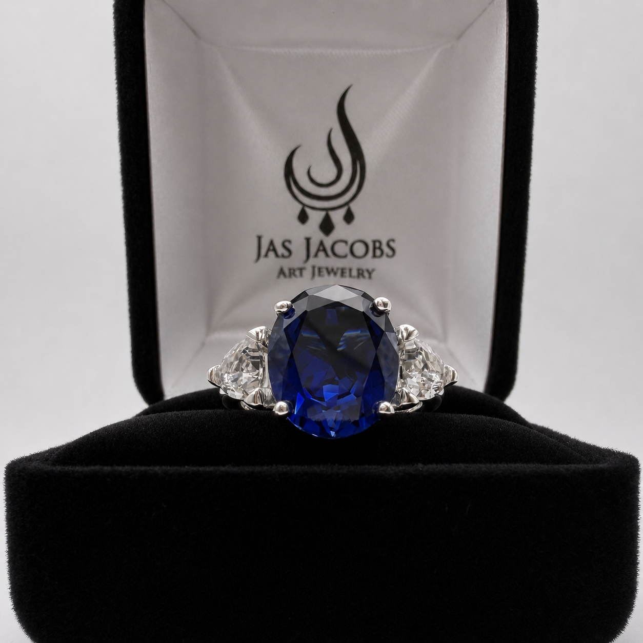 6ctw Oval Cut Blue Sapphire Three Stone Ring | Trillion Cut White Sapphires
