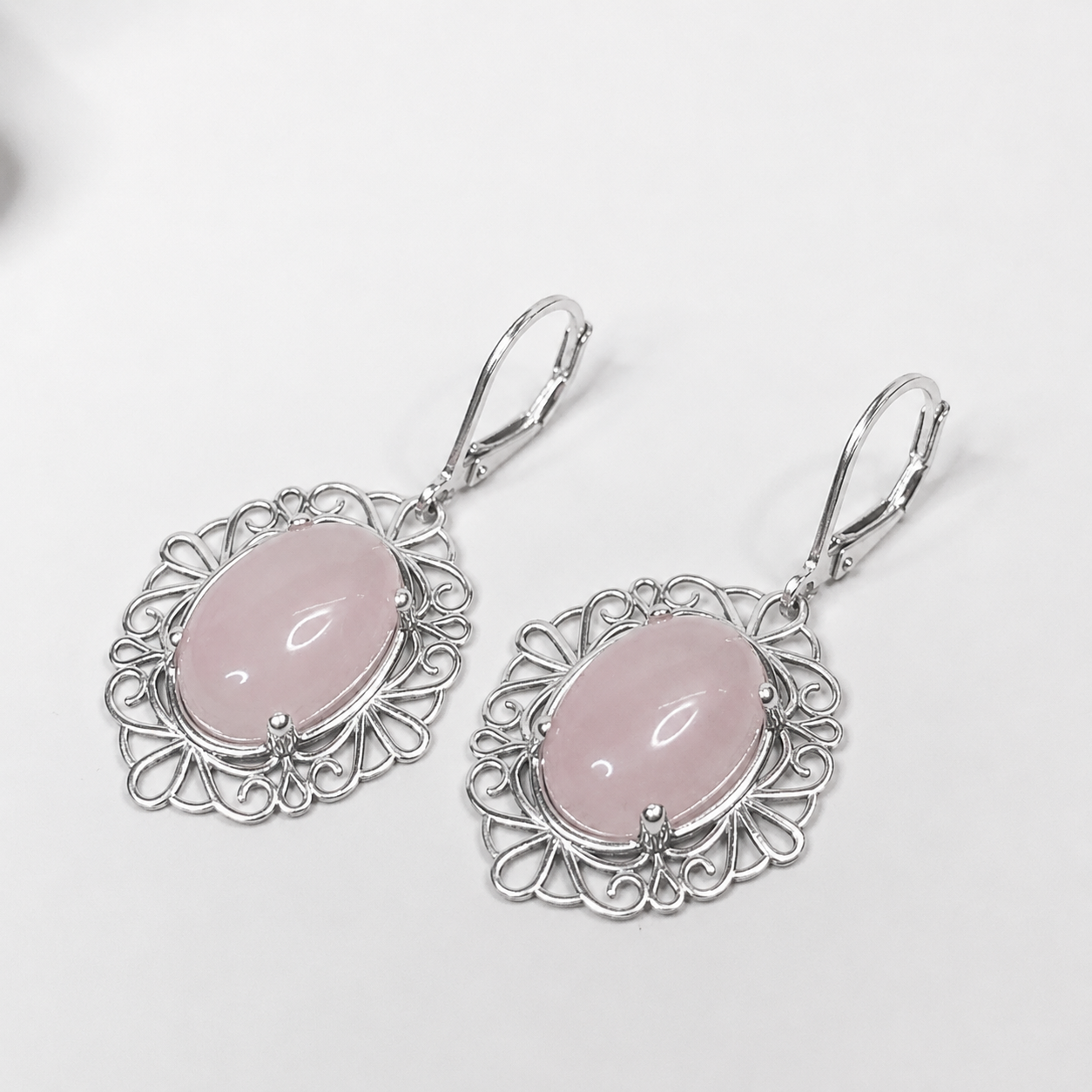 18CTW Oval Cabochon Rose Quartz Drop Earrings