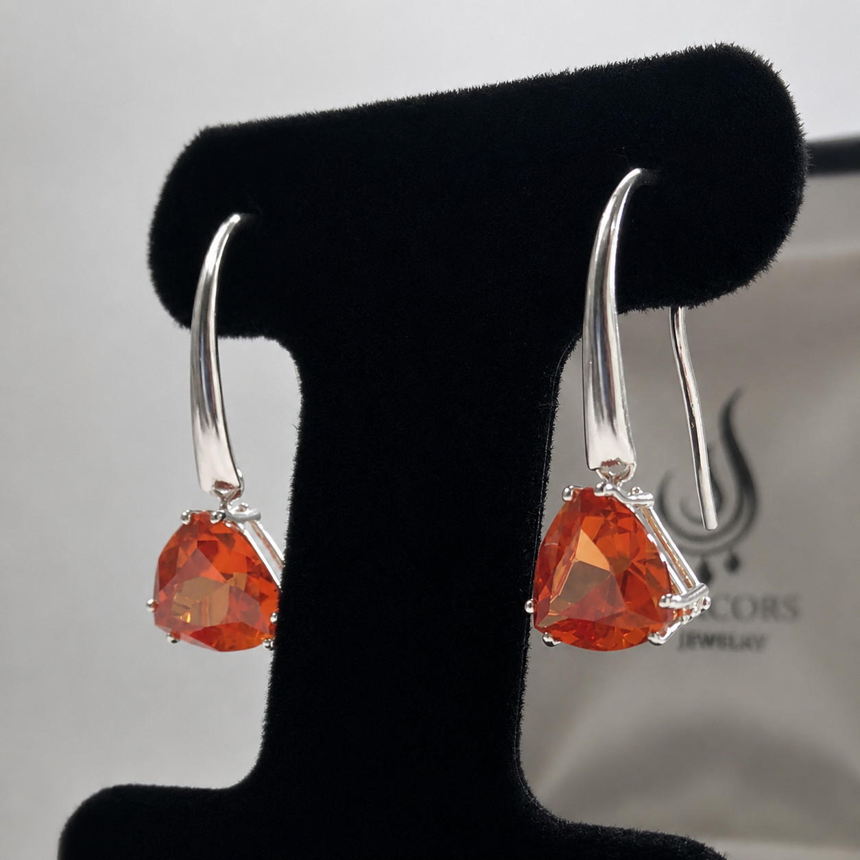 7ct Trillion Cut Padparadscha Sapphire Dangle Earrings in Sterling Silver
