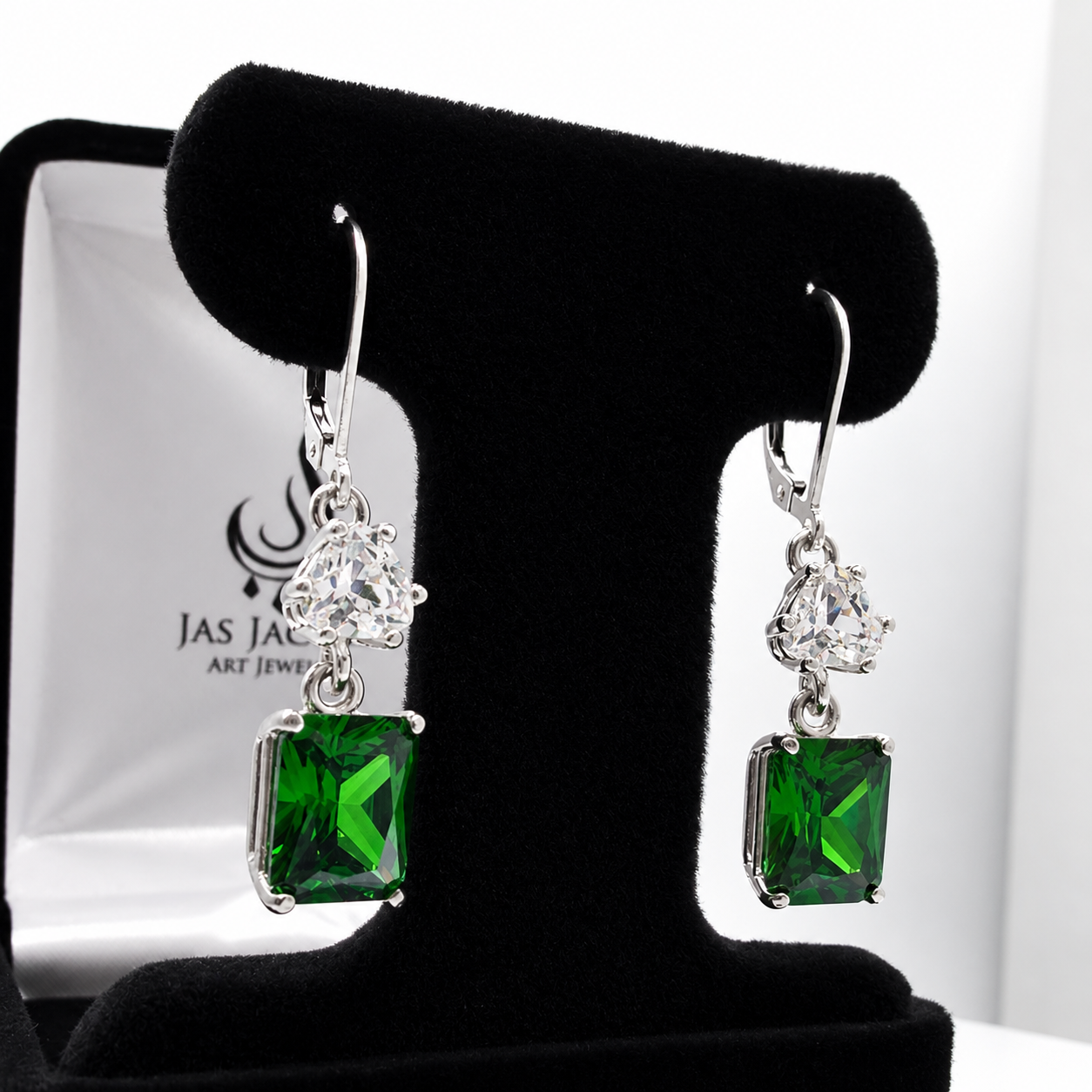 9ctw Emerald Cut Emerald & White Sapphire Dangle Earrings