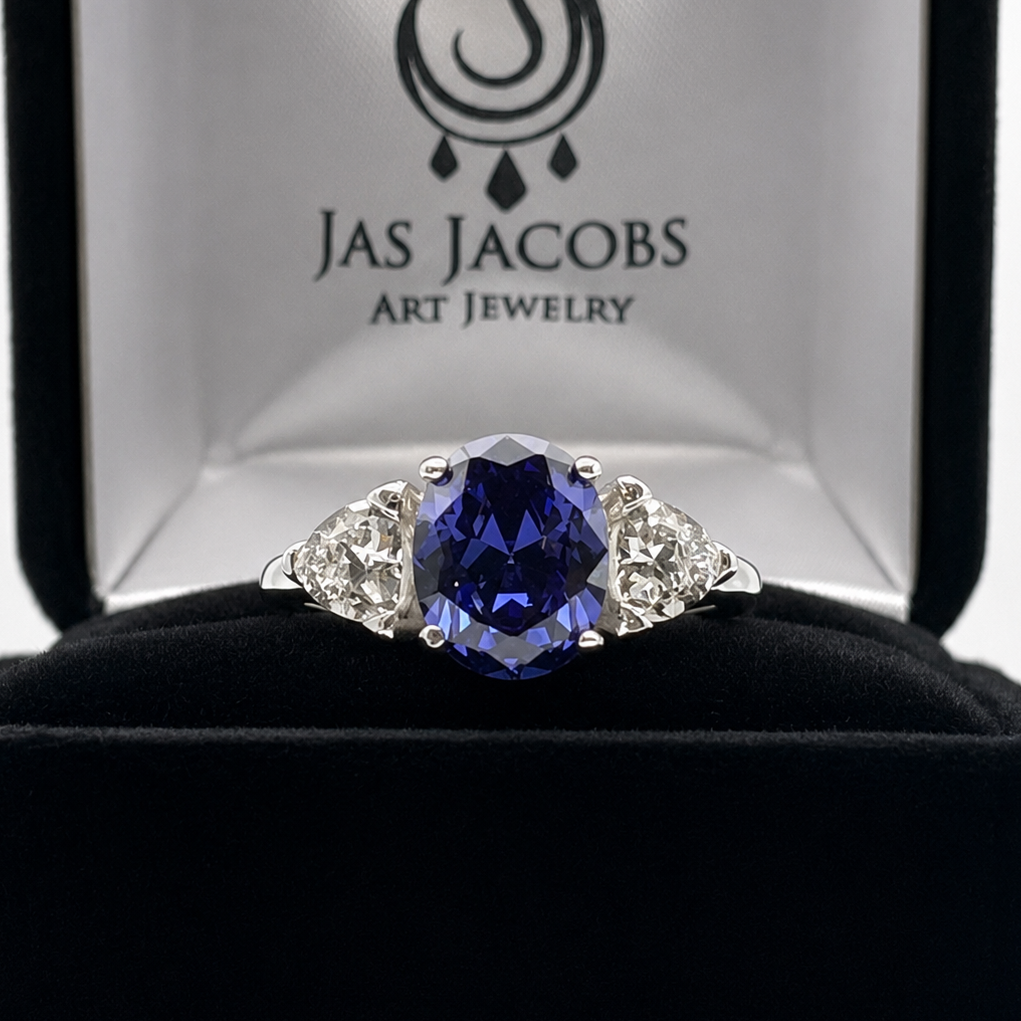 4ctw Oval Cut Tanzanite & White Sapphire Art Deco Ring