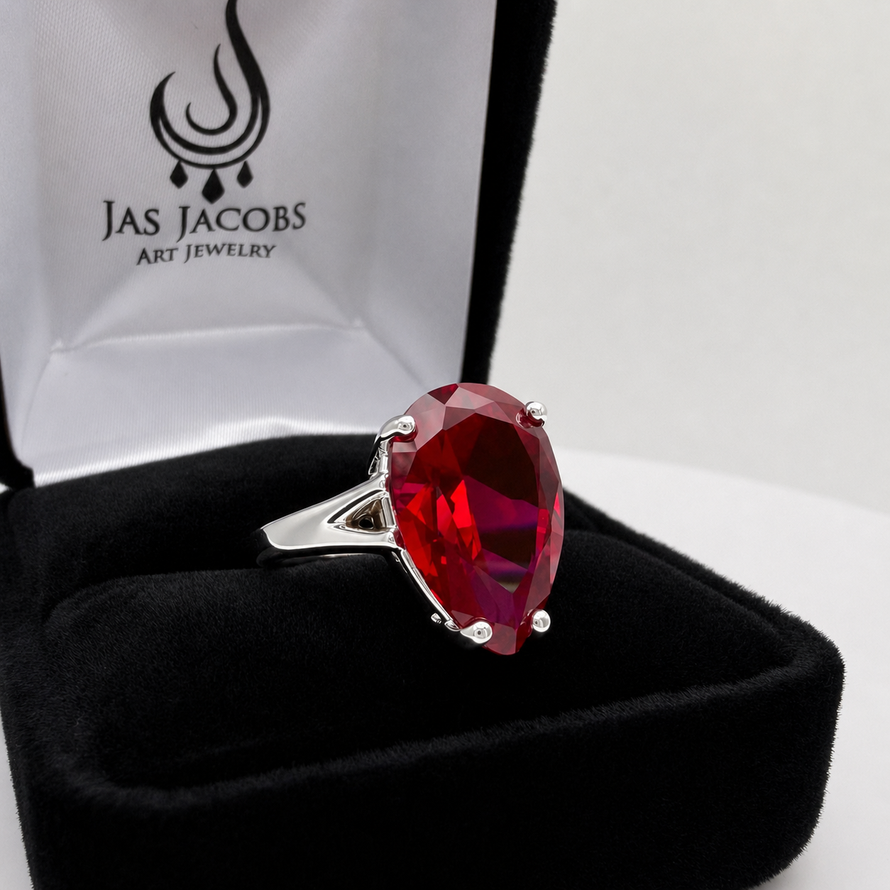 7.5ct Pear Cut Ruby Cathedral Solitaire Ring