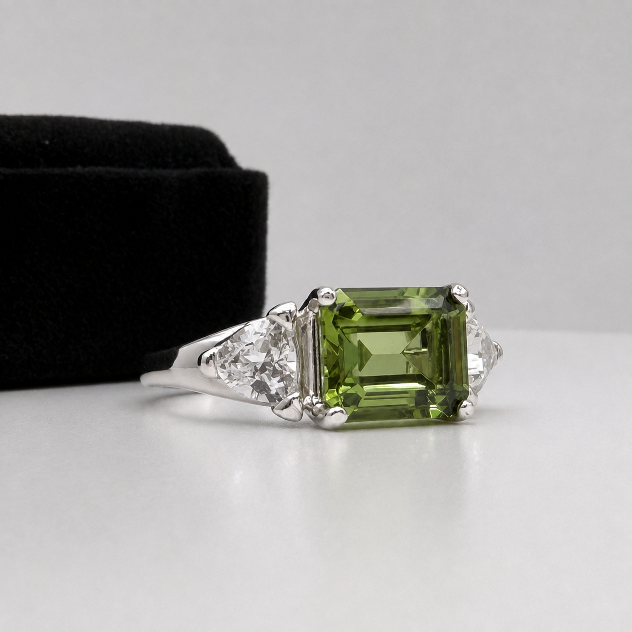Emerald Cut Peridot & Trillion White Sapphire Art Deco Ring