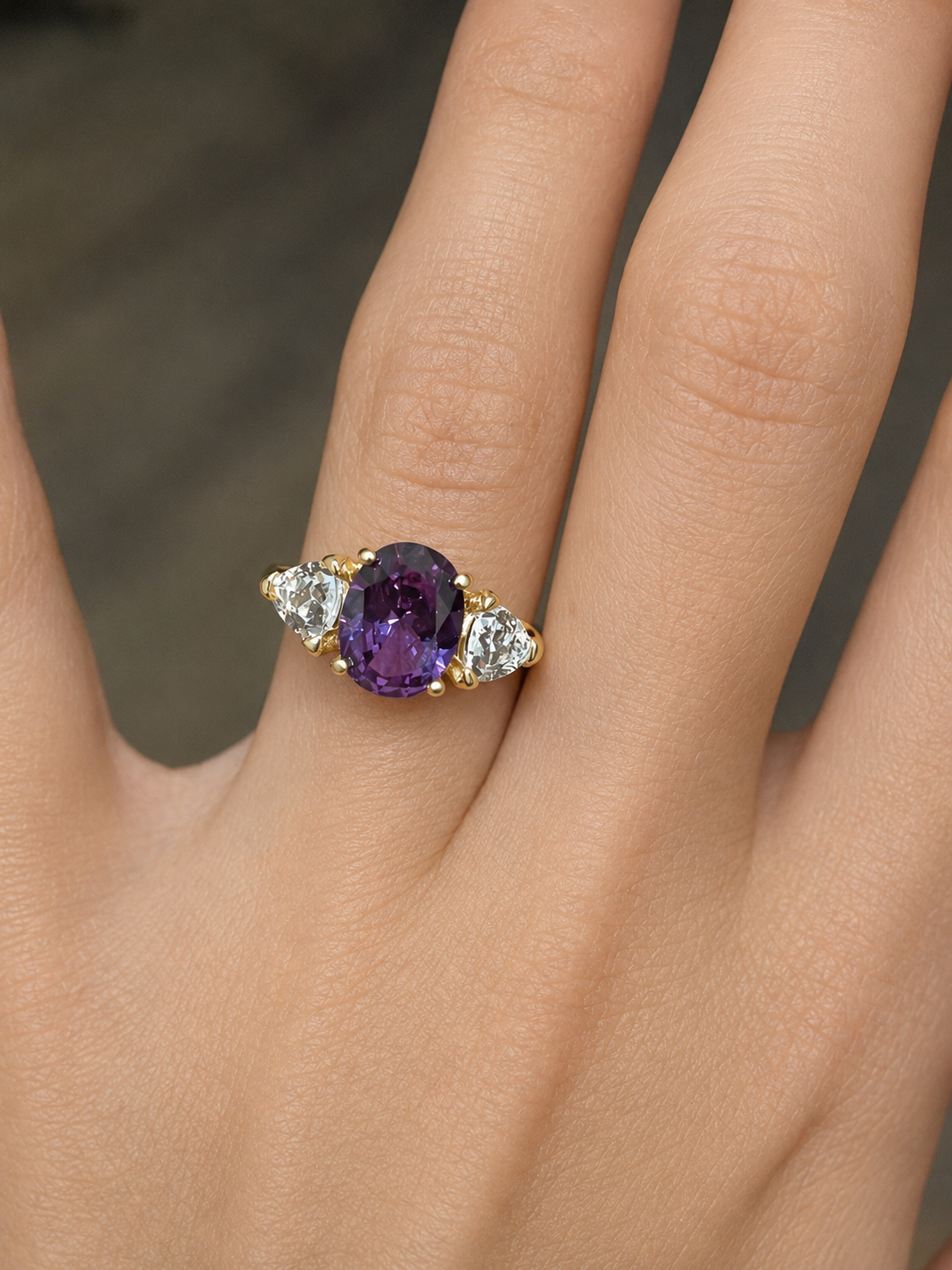 4ctw Color Change Alexandrite Sapphire Ring | Trillion White Sapphires | Three-Stone Ring