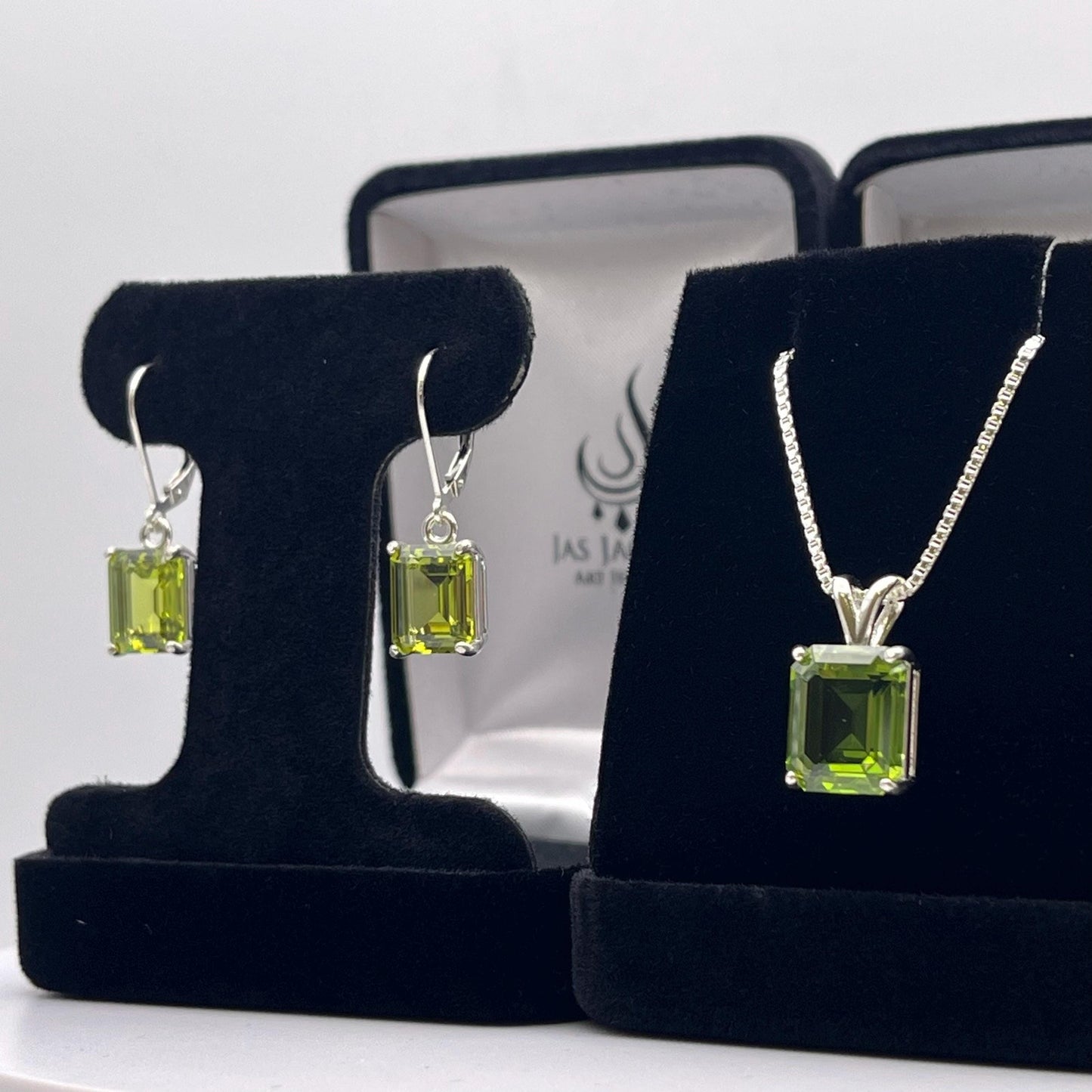 Emerald Cut Peridot Necklace & Earrings Set in Sterling Silver August Birthstone