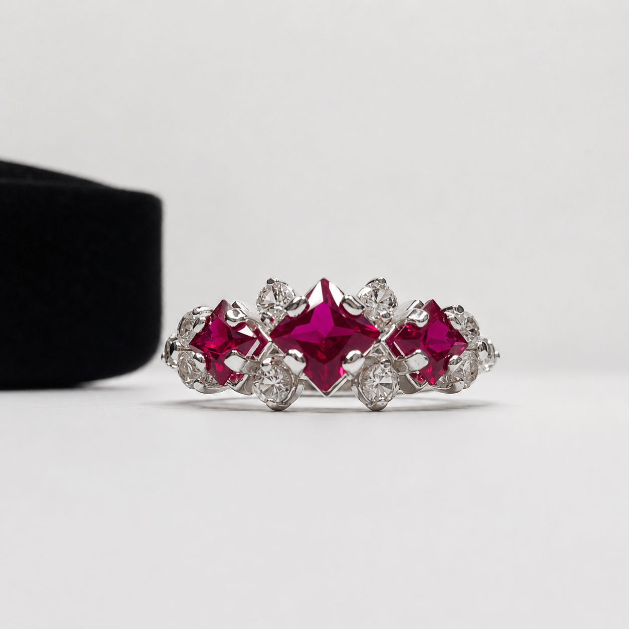 Art Deco Inspired Ruby and Diamond Three Stone Ring