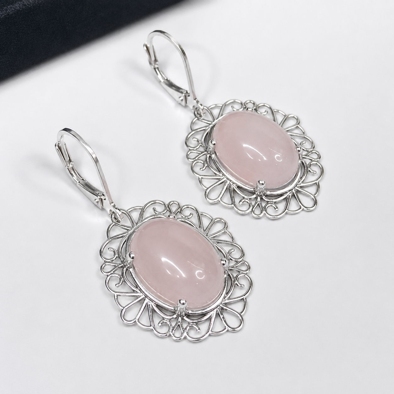 9CT Oval Cabochon Rose Quartz Festoon Pendant Necklace | Sterling Silver