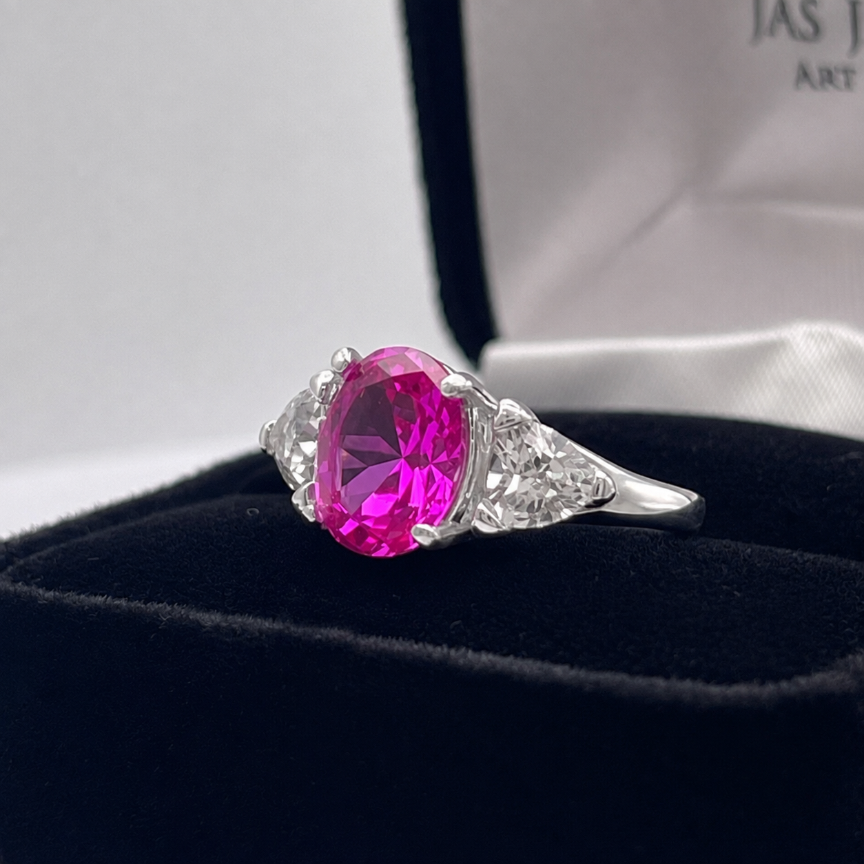 4ctw Bright Pink Sapphire Ring | White Sapphire Trillions | Three-Stone