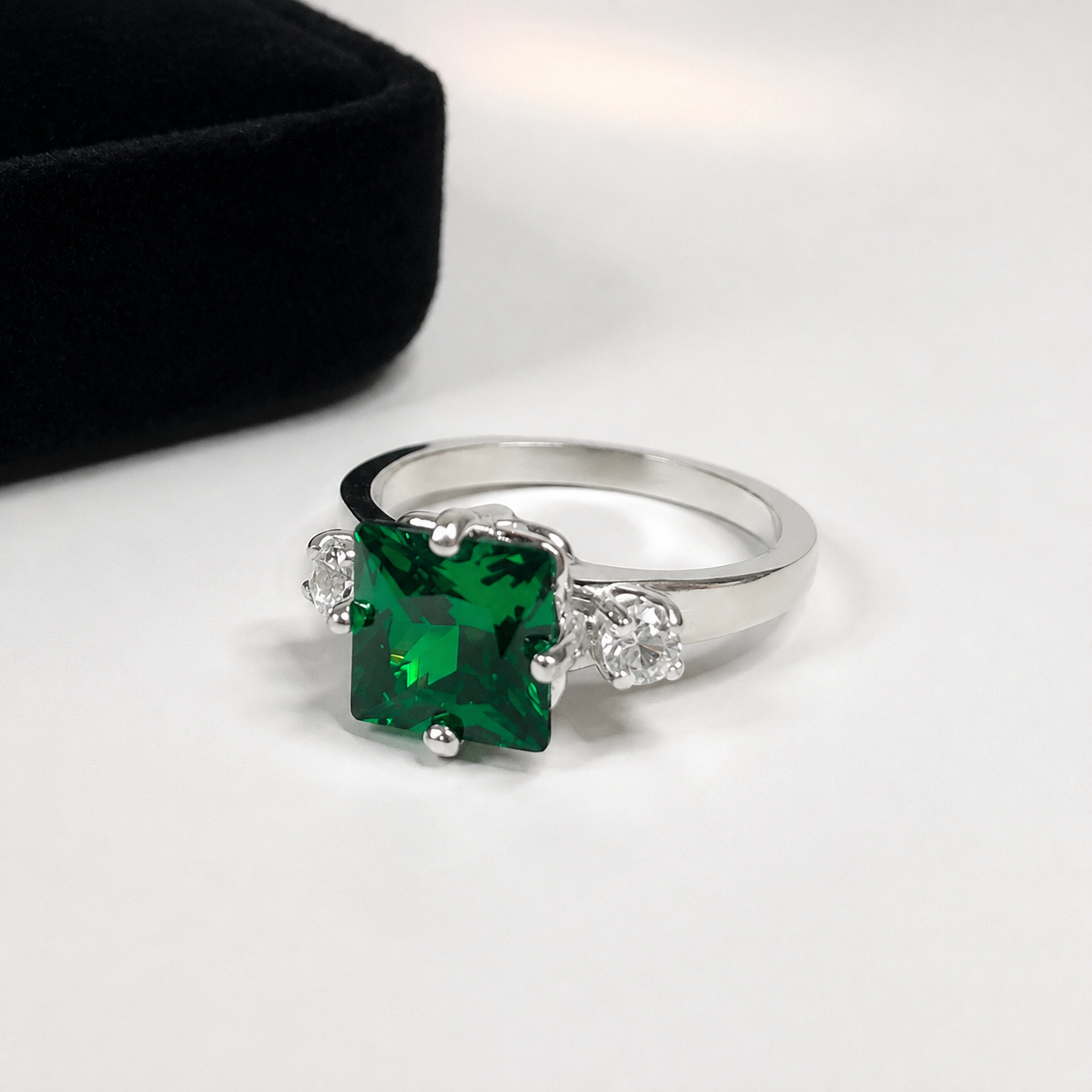 Princess Cut Simulated Emerald & White Sapphire Art Deco Ring