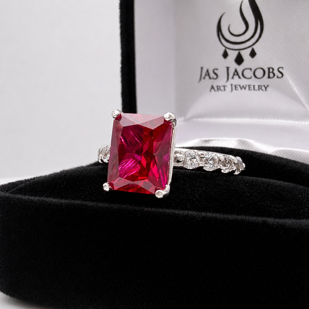 4.64 CTW Emerald Cut Ruby Ring | Diamond Band