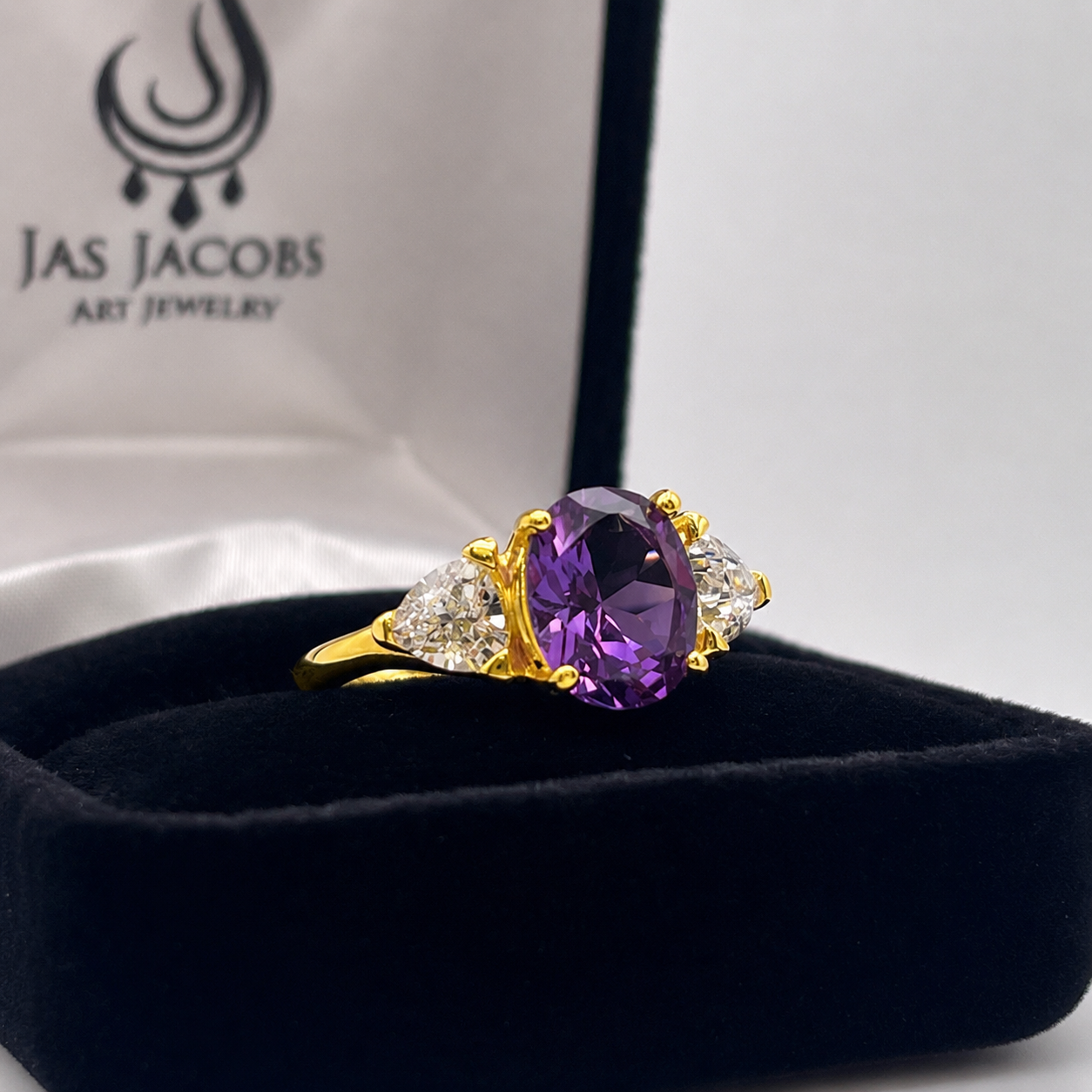 4ctw Color Change Alexandrite Sapphire Ring | Trillion White Sapphires | Three-Stone Ring
