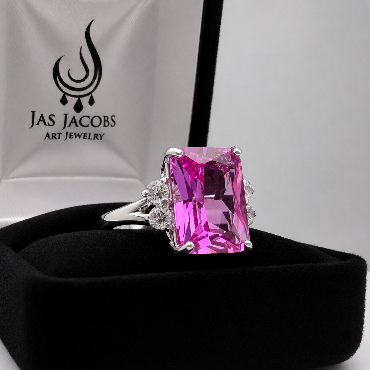 8ct Emerald Cut Pink Sapphire Ring with Diamond Accents | Available in 10k & 14k Gold or Sterling Silver