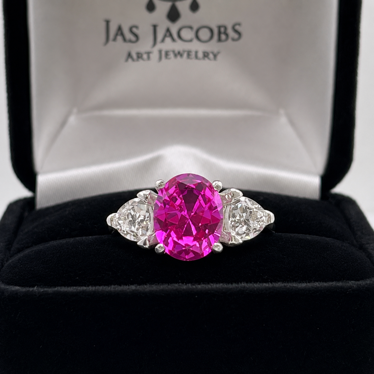 4ctw Bright Pink Sapphire Ring | White Sapphire Trillions | Three-Stone