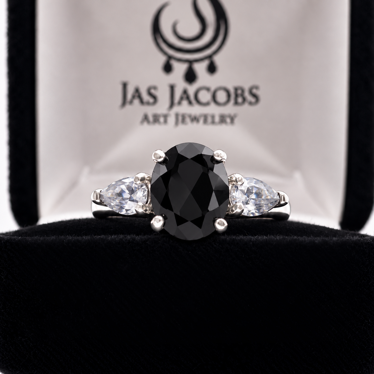 Oval Cut Faceted Black Onyx & White Sapphire Ring