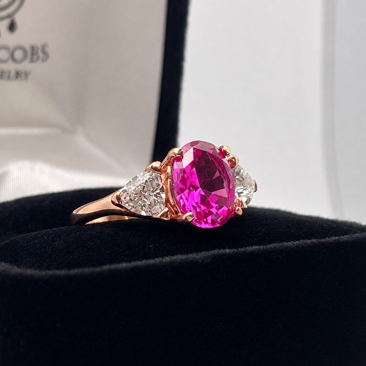 4ctw Bright Pink Sapphire Ring | White Sapphire Trillions | Three-Stone