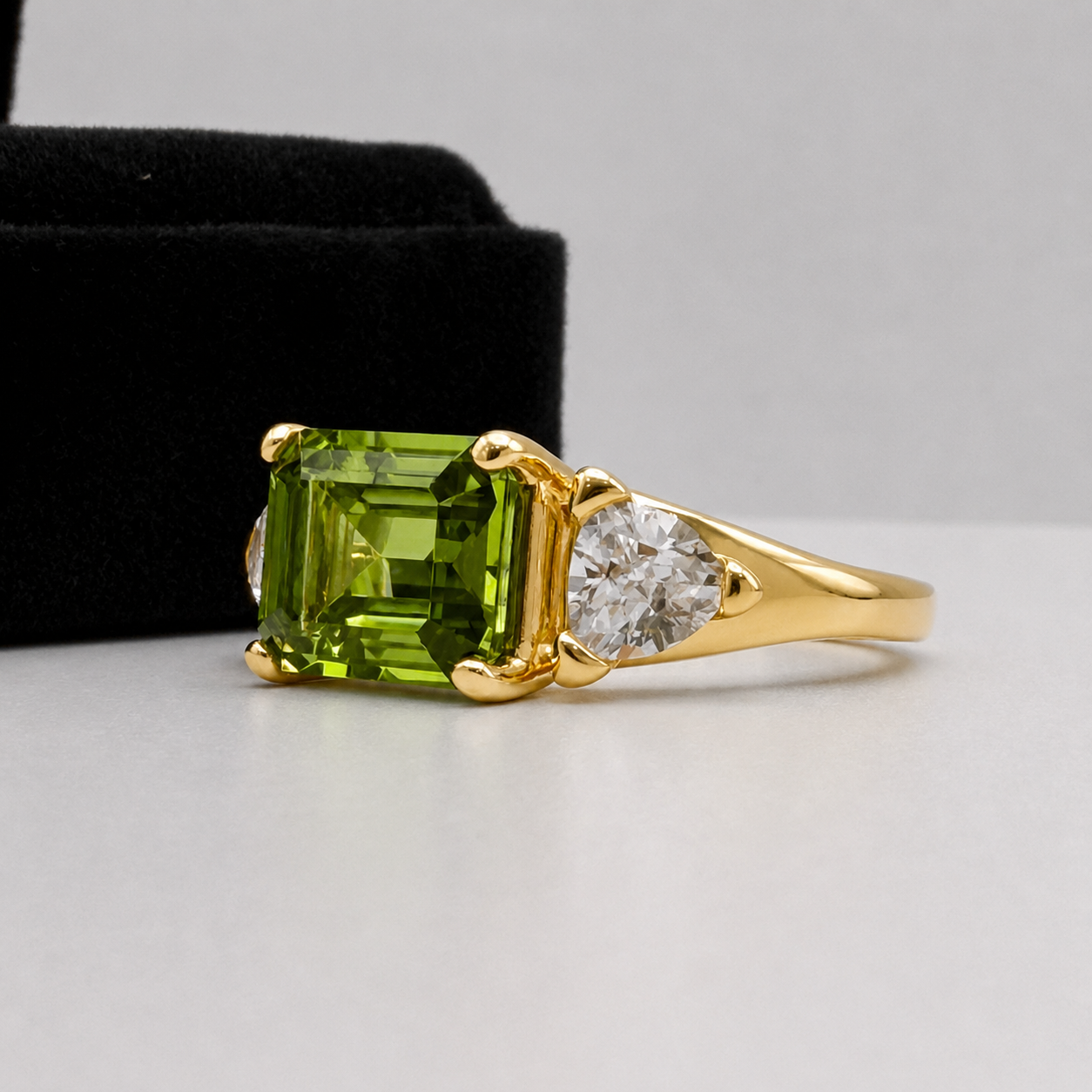 Emerald Cut Peridot & Trillion White Sapphire Art Deco Ring