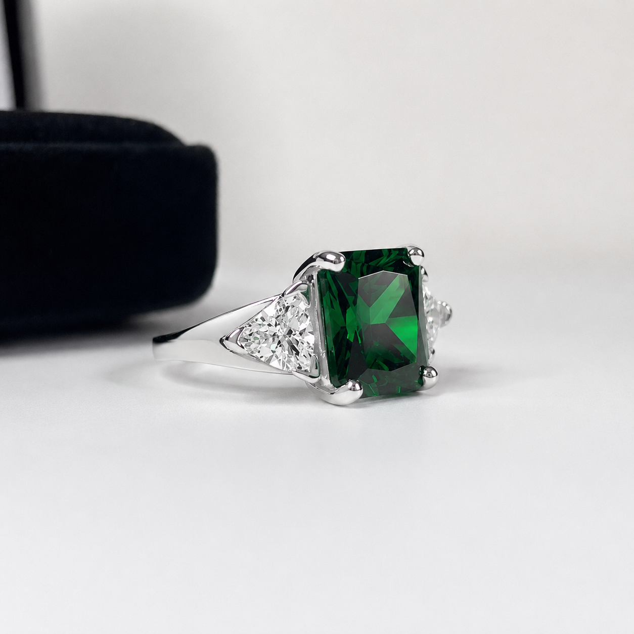 4.5CTW Emerald Cut Emerald Ring | Trillion White Sapphire Three Stone Ring
