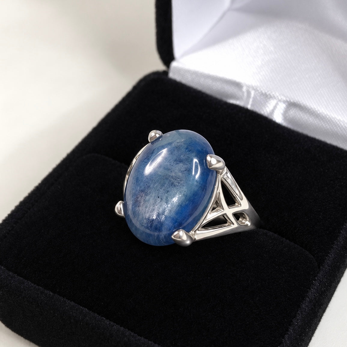 12ct Natural Blue Kyanite Ring – Oval Cabochon with Geometric Openwork Band