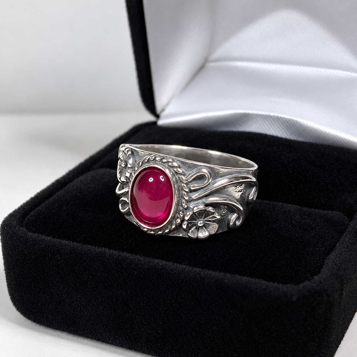 1.3ct Oval Cabochon Ruby Floral Wide Band Ring