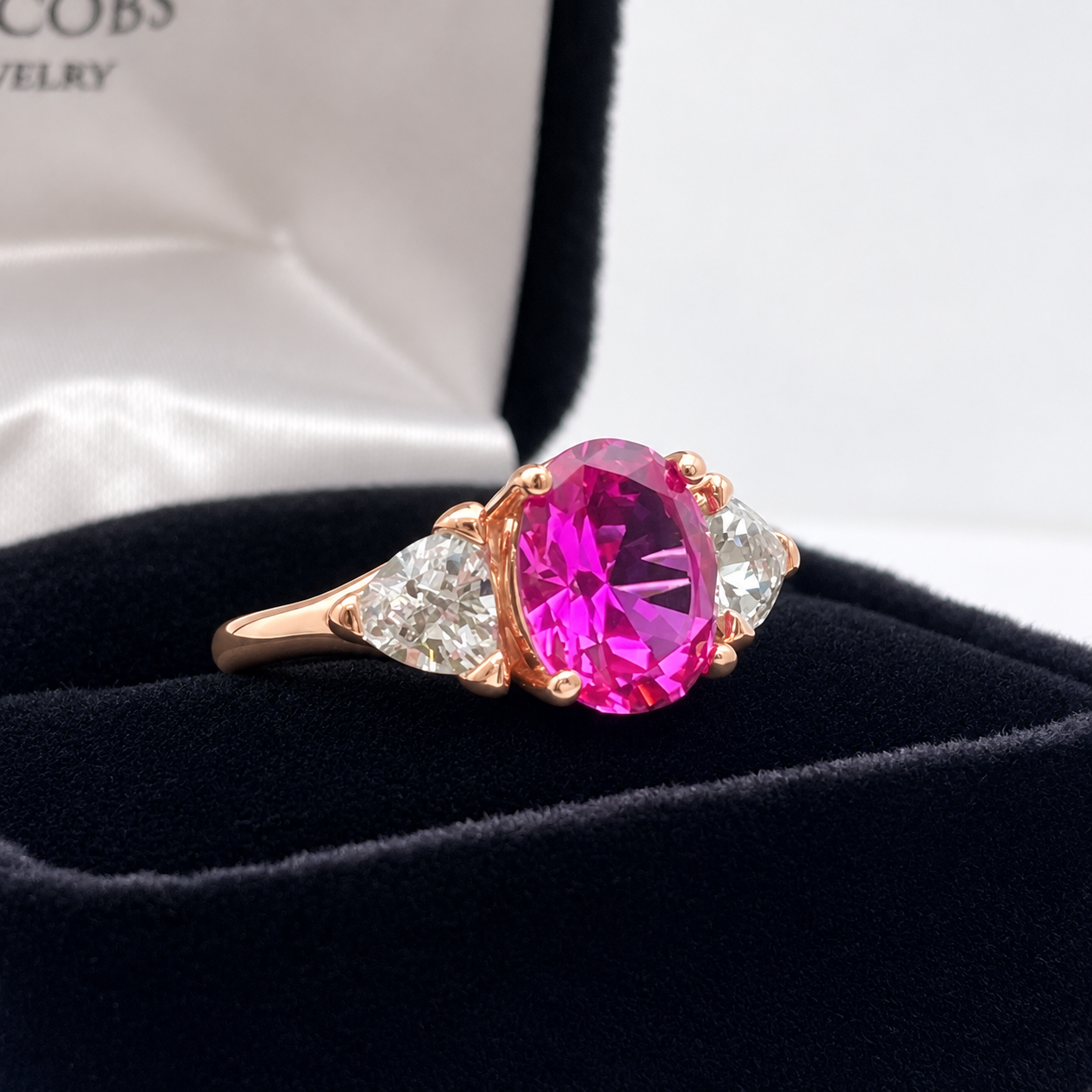 4ctw Bright Pink Sapphire Ring | White Sapphire Trillions | Three-Stone