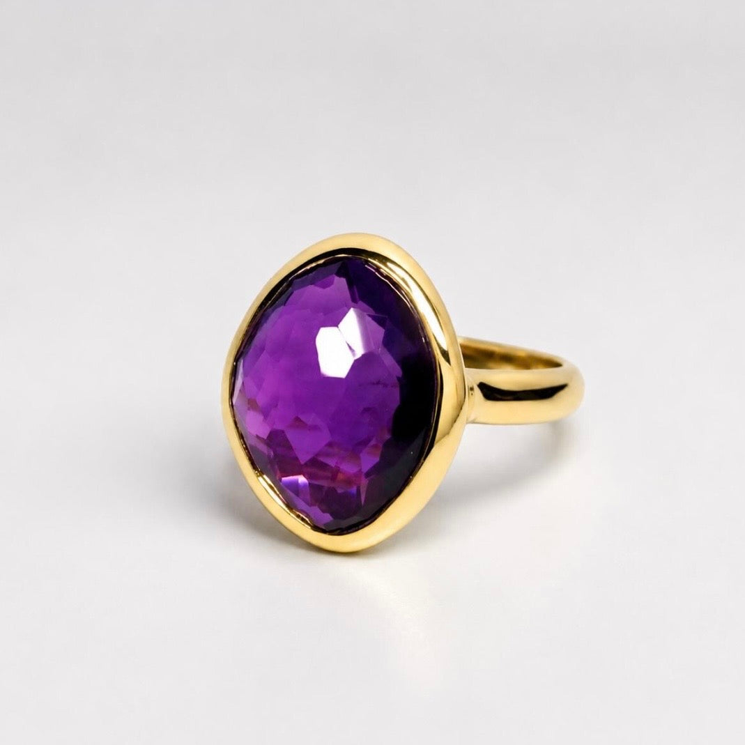 5ct Checker Cut Amethyst Ring | 18K Yellow Gold Vermeil | Modern Bezel Statement Ring