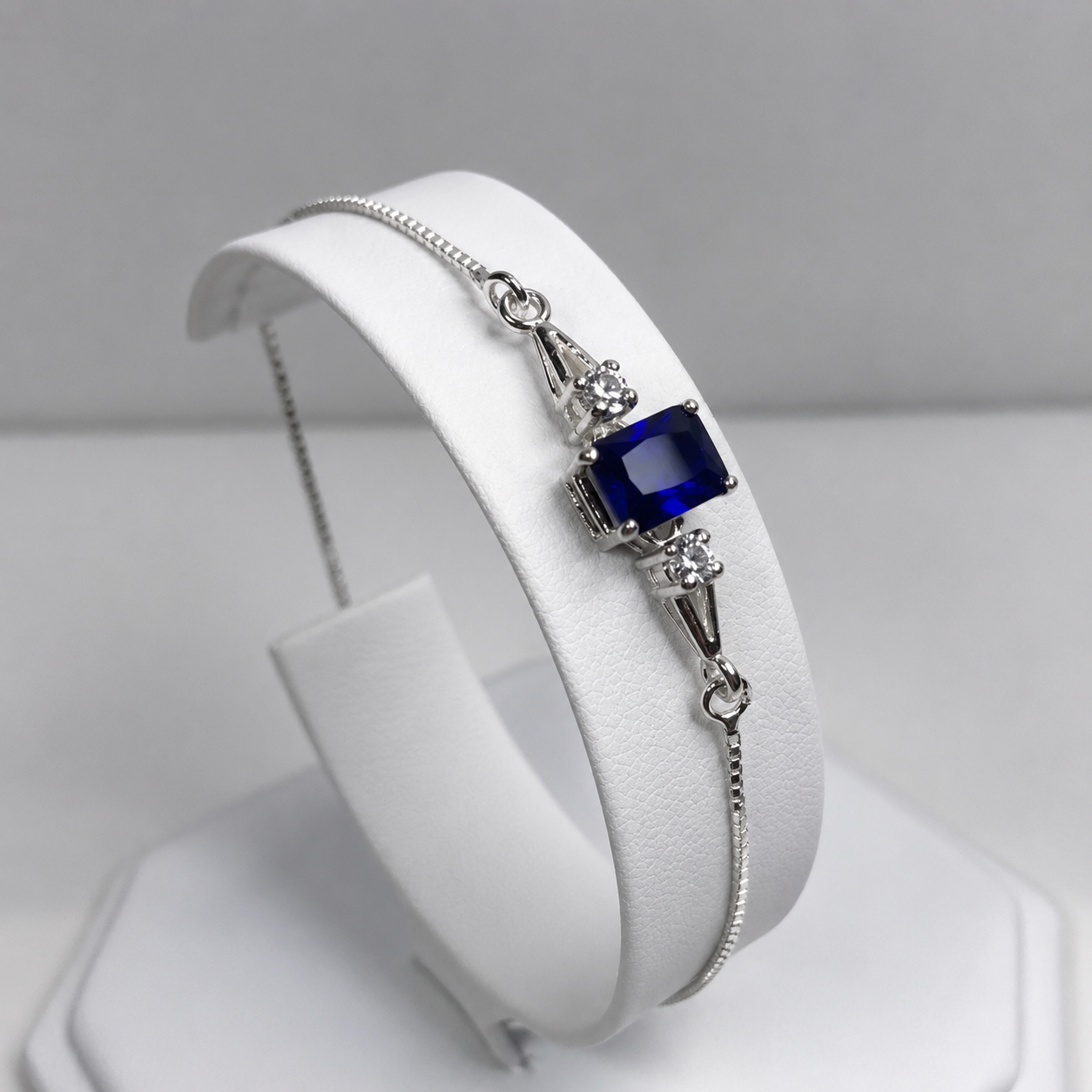 2ct Emerald Cut Sapphire Adjustable Bolo Bracelet with White Sapphire Accents