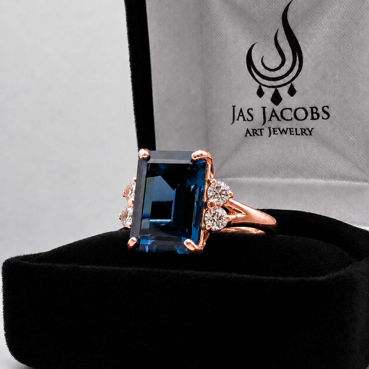 7ct Emerald Cut London Blue Spinel and White Topaz Ring | Split Shank Cathedral Ring | 10k or 14k Gold