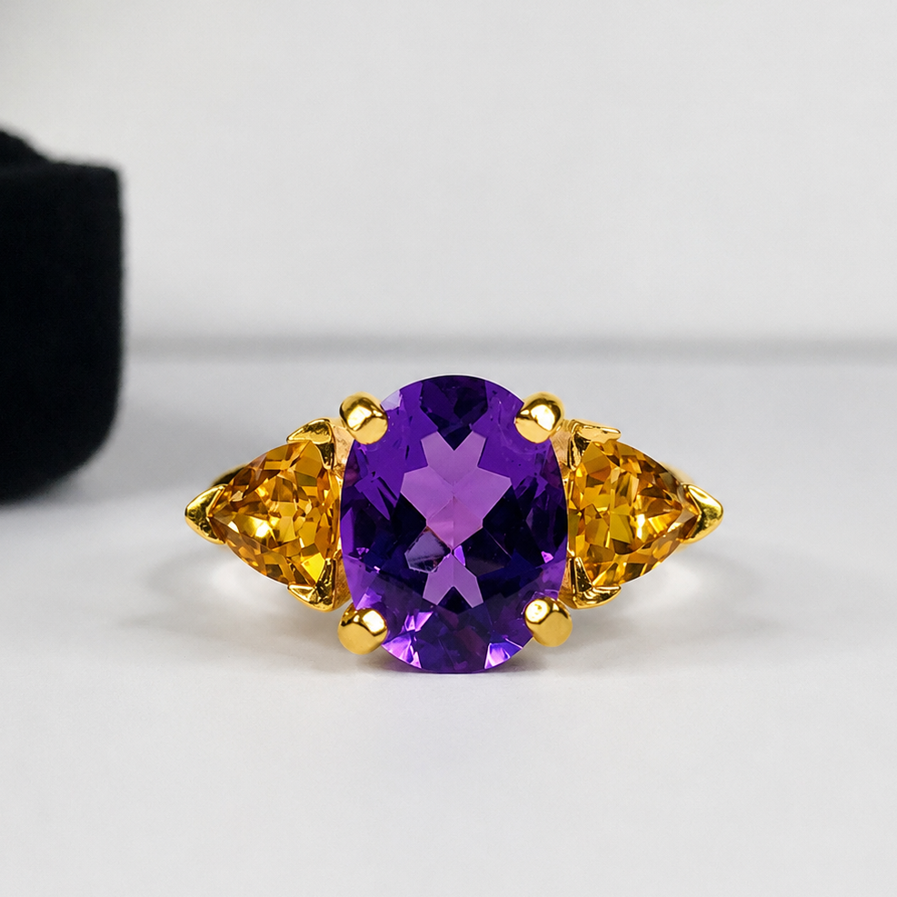 4CTW Oval Cut Amethyst Ring | Trillion Cut Citrine Three Stone Ring | Mardi Gras Ring