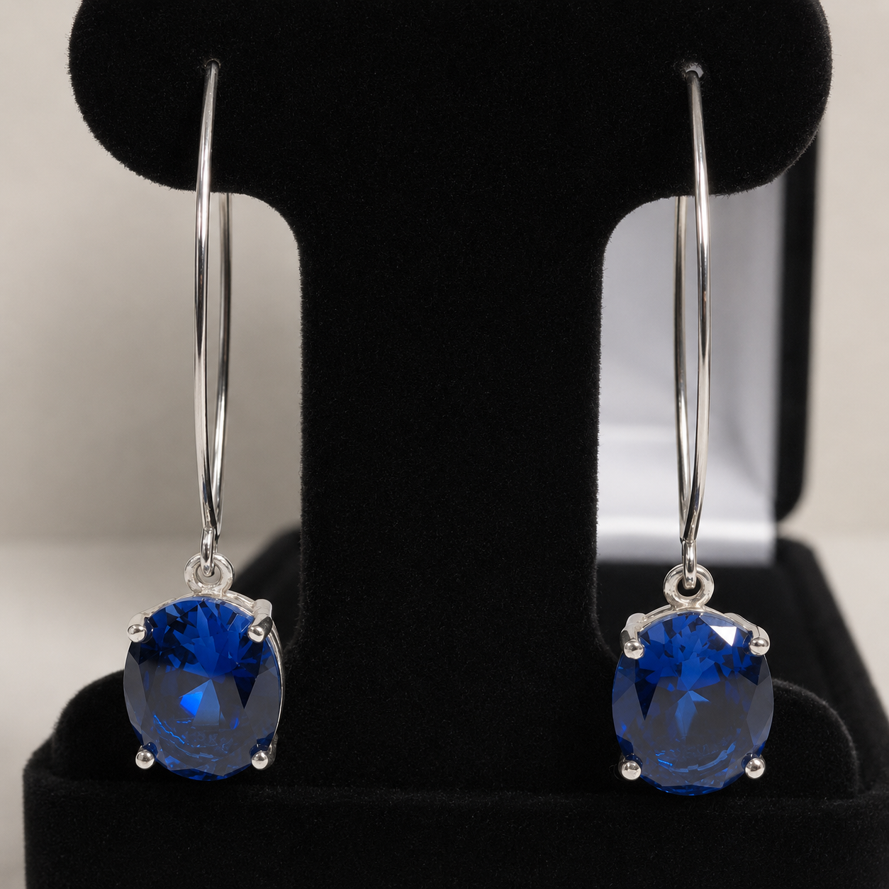 10 CTW Oval Blue Sapphire Drop Earrings | 2 Inch Sterling Silver, Statement Earrings