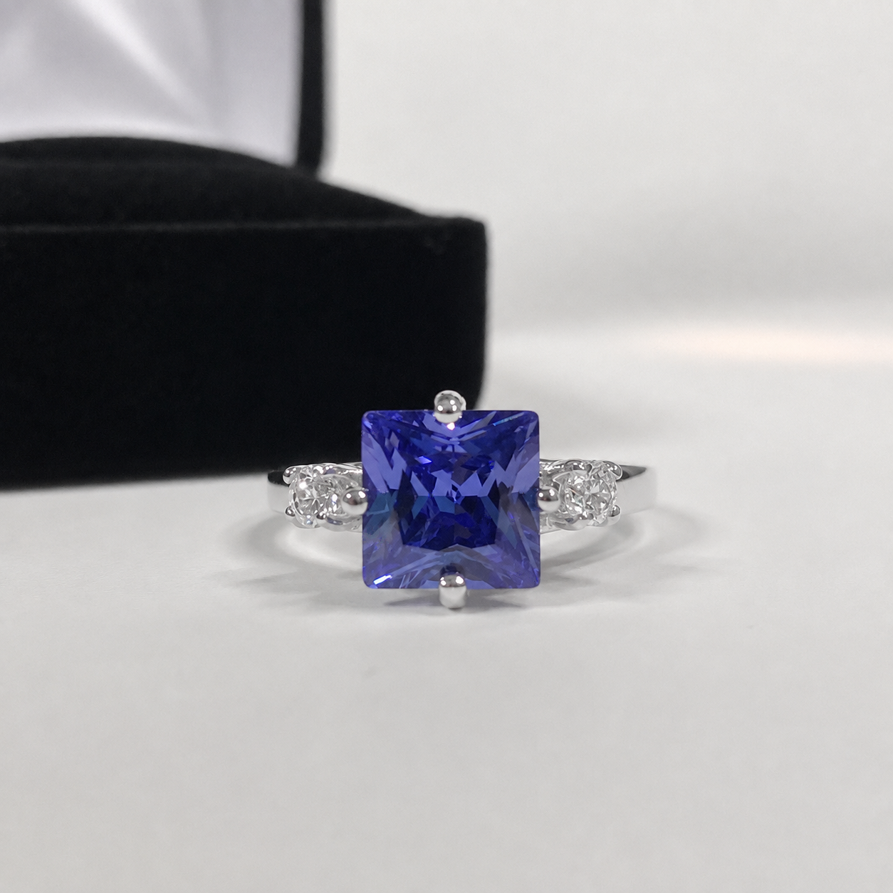 Princess Cut Simulated Tanzanite & White Sapphire Art Deco Ring
