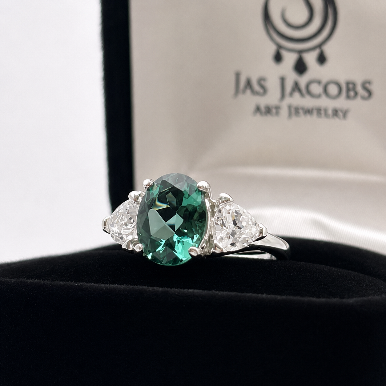 4ctw Oval Cut Green Quartz Ring & Trillion Cut White Sapphire