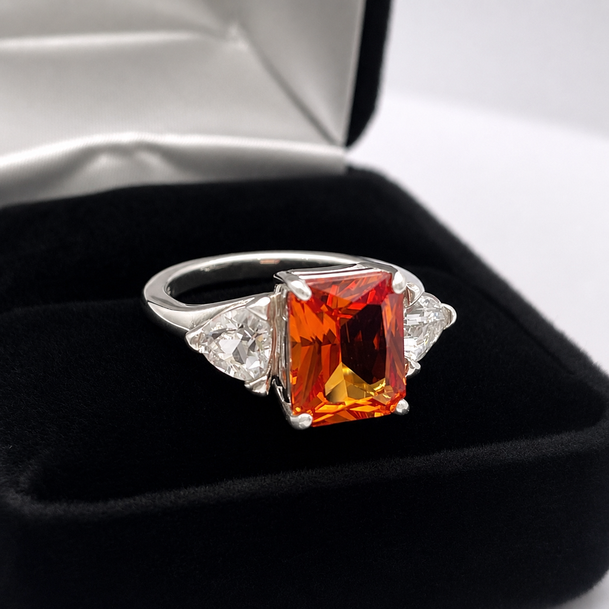 5.5ct Emerald Cut Padparadscha Sapphire Ring | Trillion Cut White Sapphire Three Stone Ring