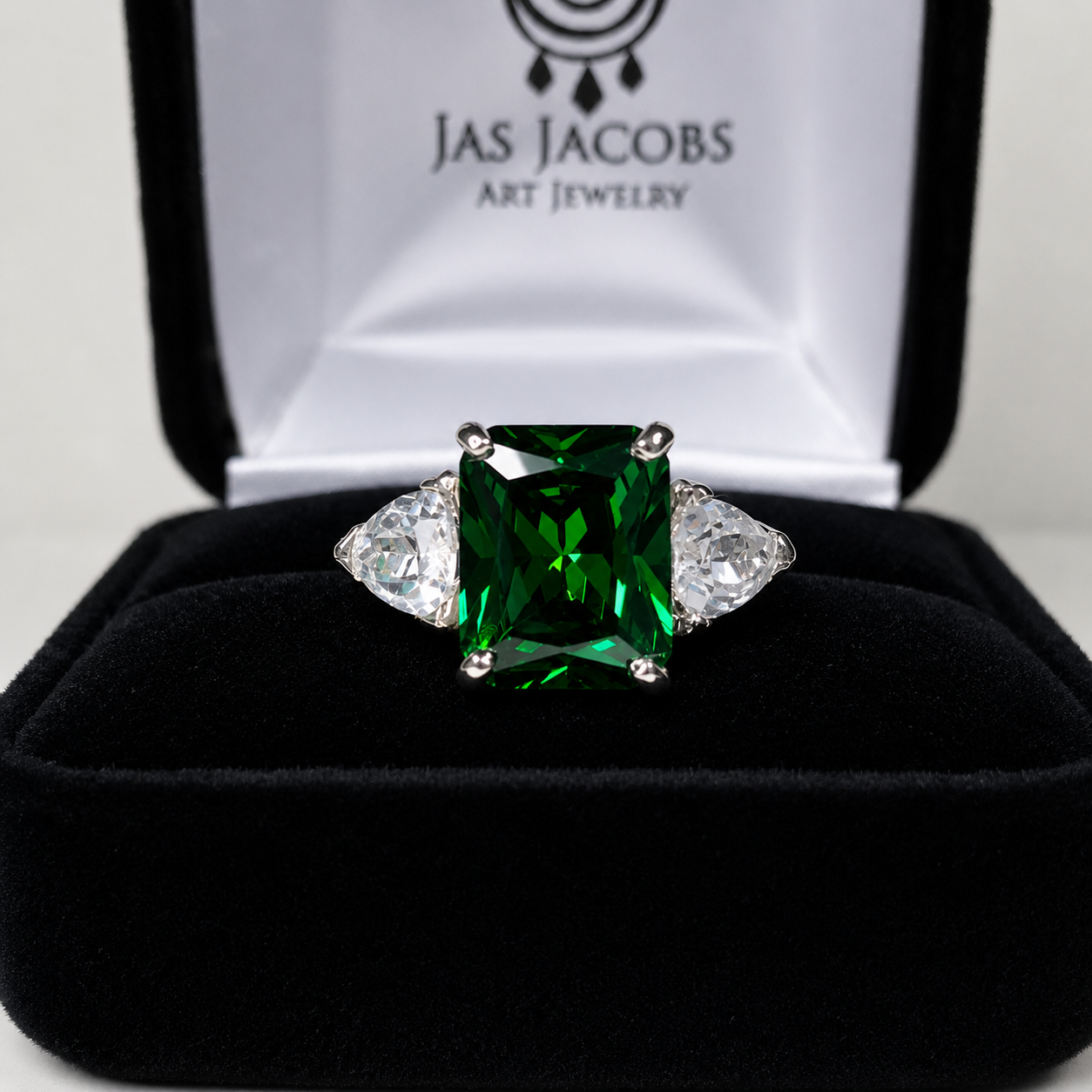 4.5CTW Emerald Cut Emerald Ring | Trillion White Sapphire Three Stone Ring