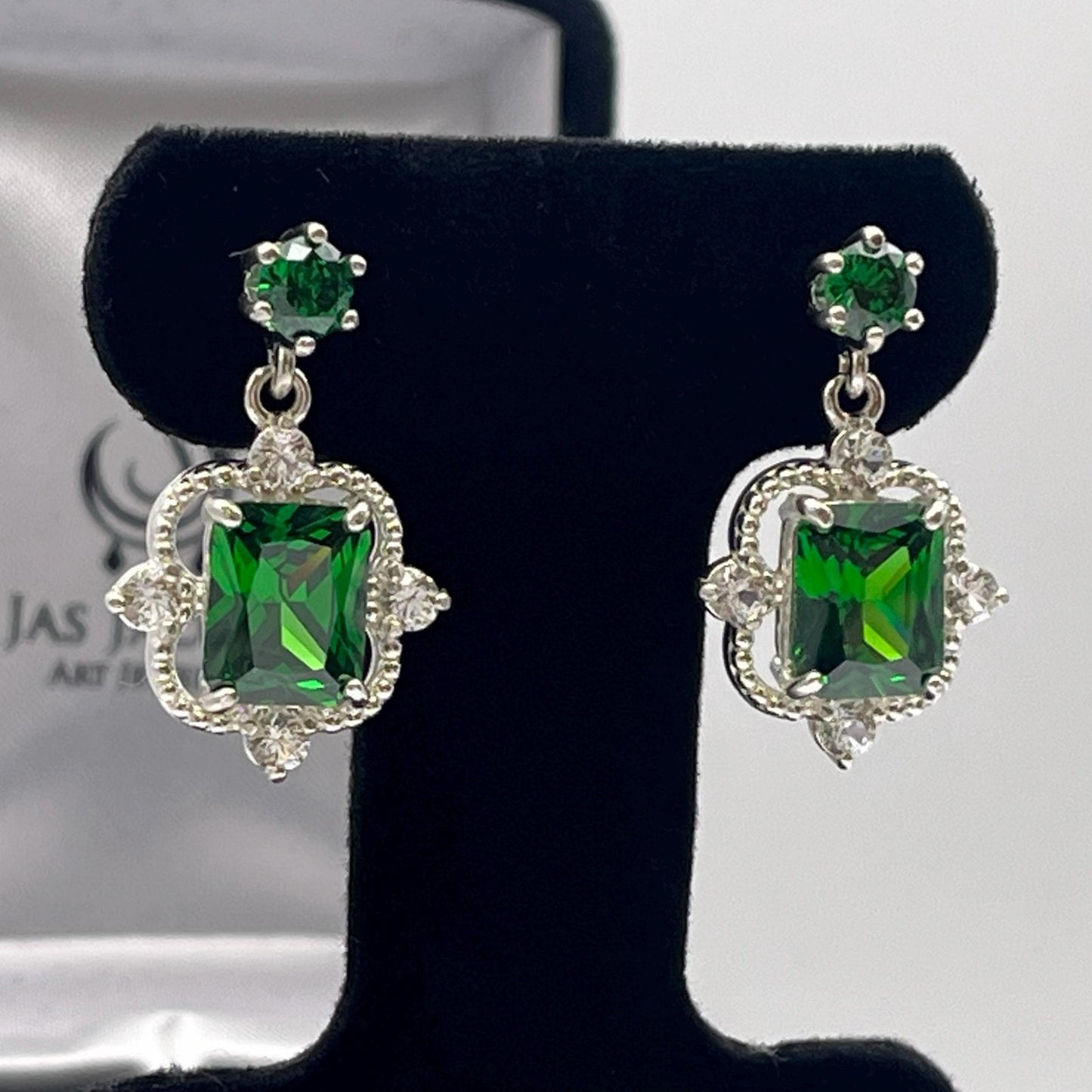 Gorgeous 10.4ctw Emerald Cut Emerald Earrings White Sapphire Accents