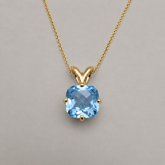 2.5ct Checkerboard Cushion Sky Blue Topaz pendant necklace in Yellow Gold