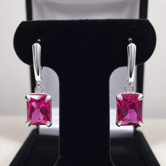 Emerald Cut Pink Sapphire Earrings | 8CTW Leverback Drop Earrings | Statement Pink Gemstone Earrings