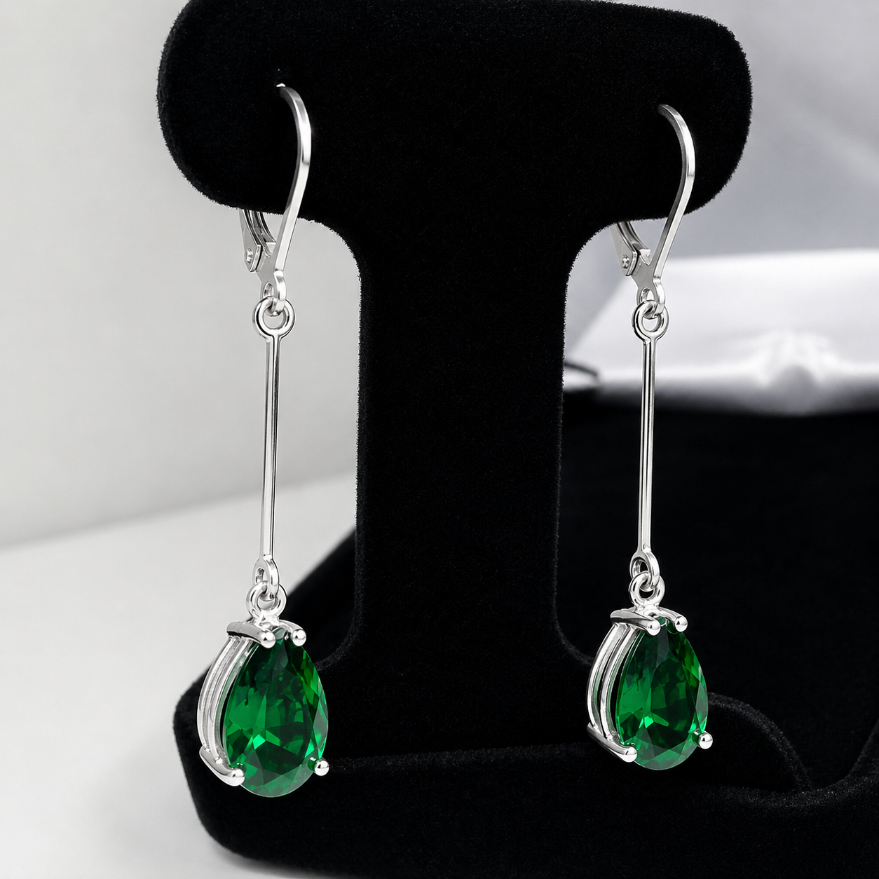7CTW Pear Cut Emerald Statement Earrings | 2-Inch Long Dangle | Lever Back