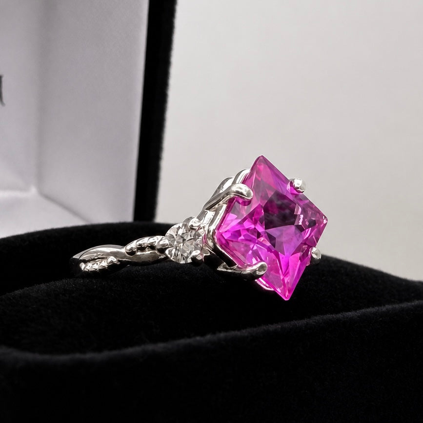Princess Cut Pink Sapphire & Diamond Ring | Vintage-Inspired Ring | Made and Sized to Order in Sterling Silver & 10K or 14K Gold
