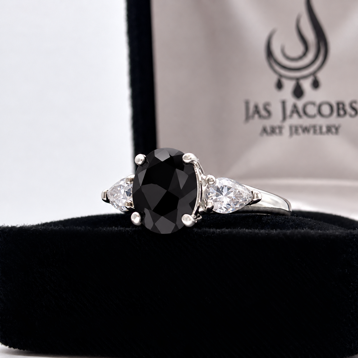Oval Cut Faceted Black Onyx & White Sapphire Ring