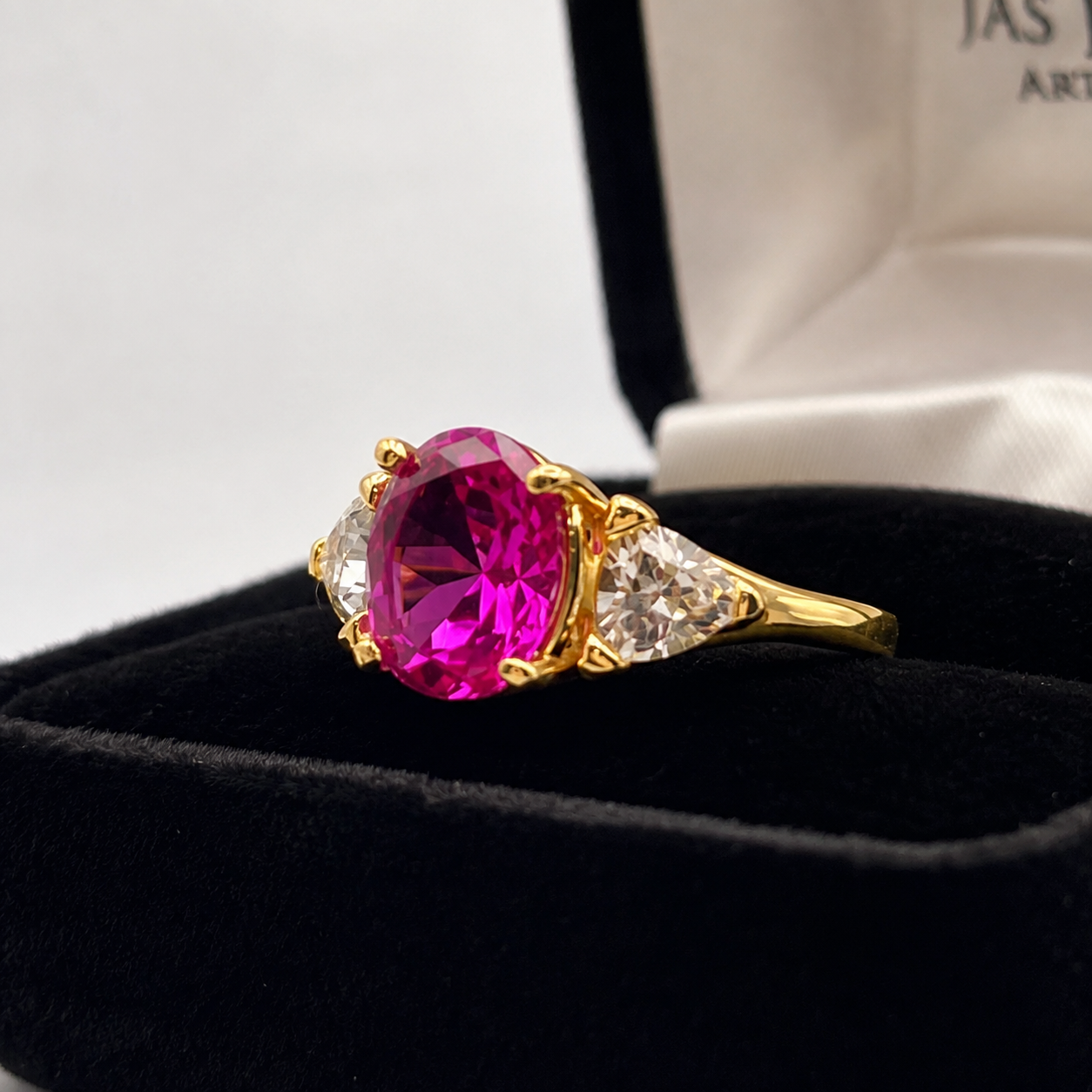 4ctw Bright Pink Sapphire Ring | White Sapphire Trillions | Three-Stone