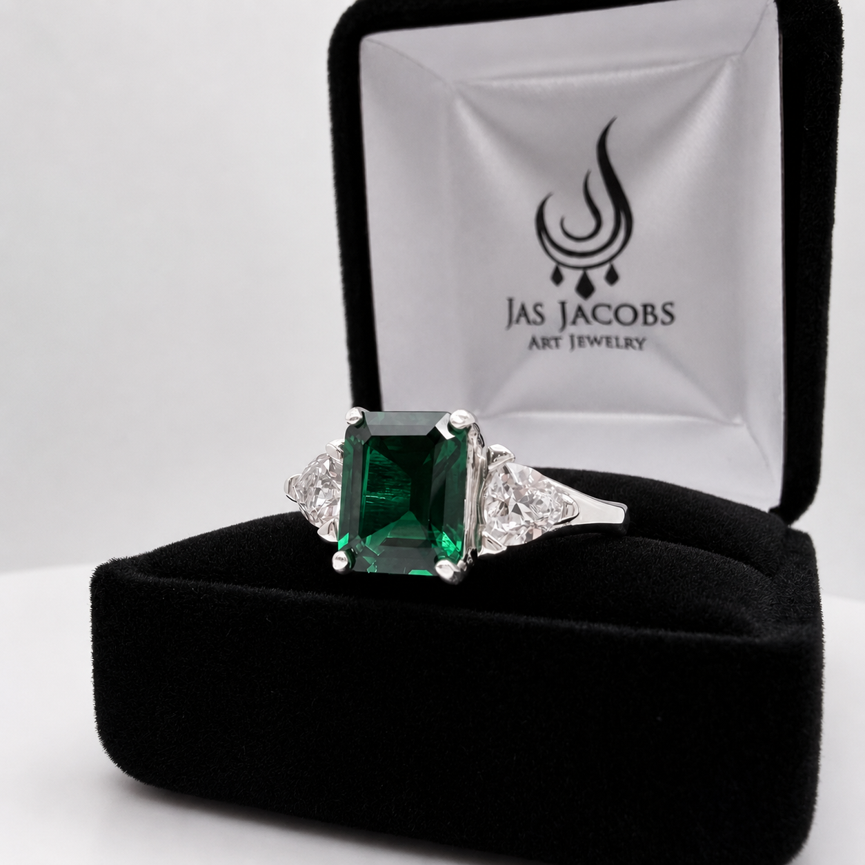 4.5CTW Emerald Cut Lab Emerald Ring | Trillion White Sapphire Three Stone Ring