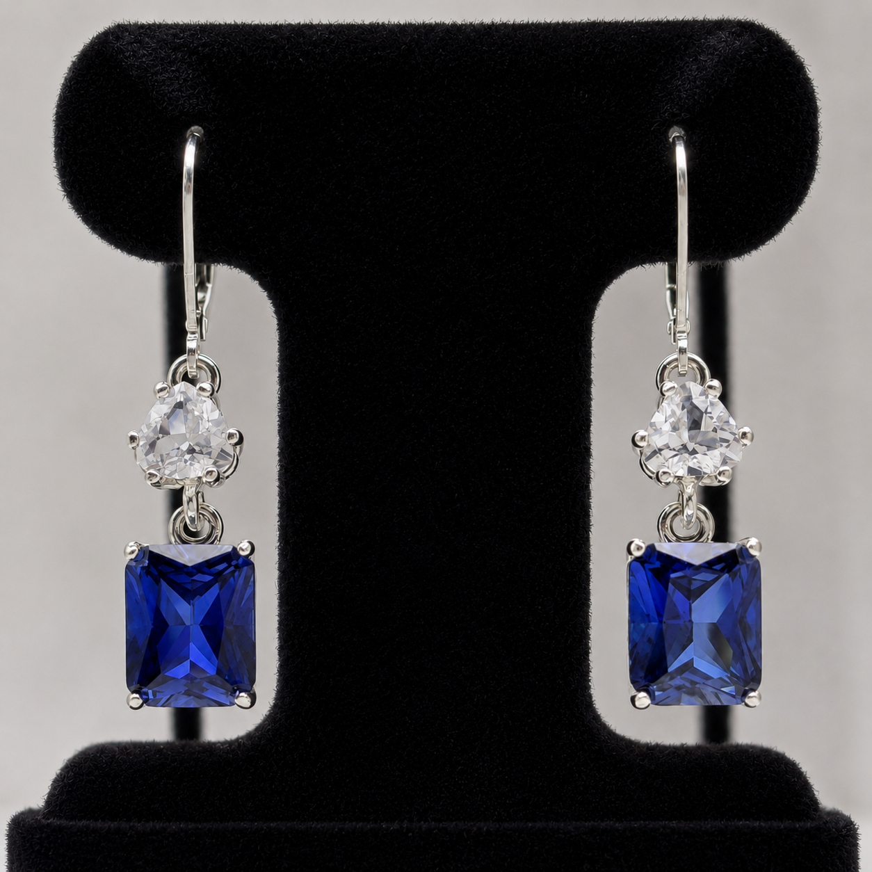 9ctw Emerald Cut Blue Sapphire & White Sapphire Dangle Earrings