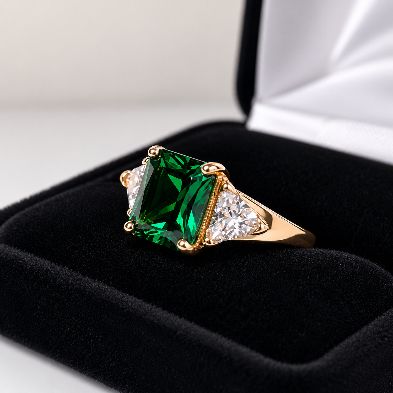 4.5CTW Emerald Cut Emerald Ring | Trillion White Sapphire Three Stone Ring