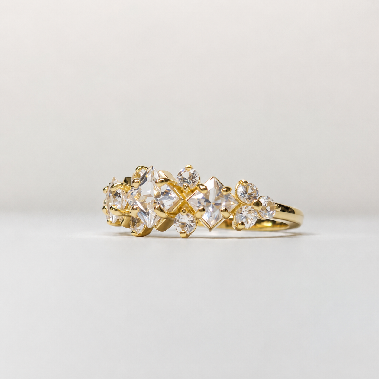 Art Deco Inspired Princess Cut White Sapphire and Diamond Three Stone Ring