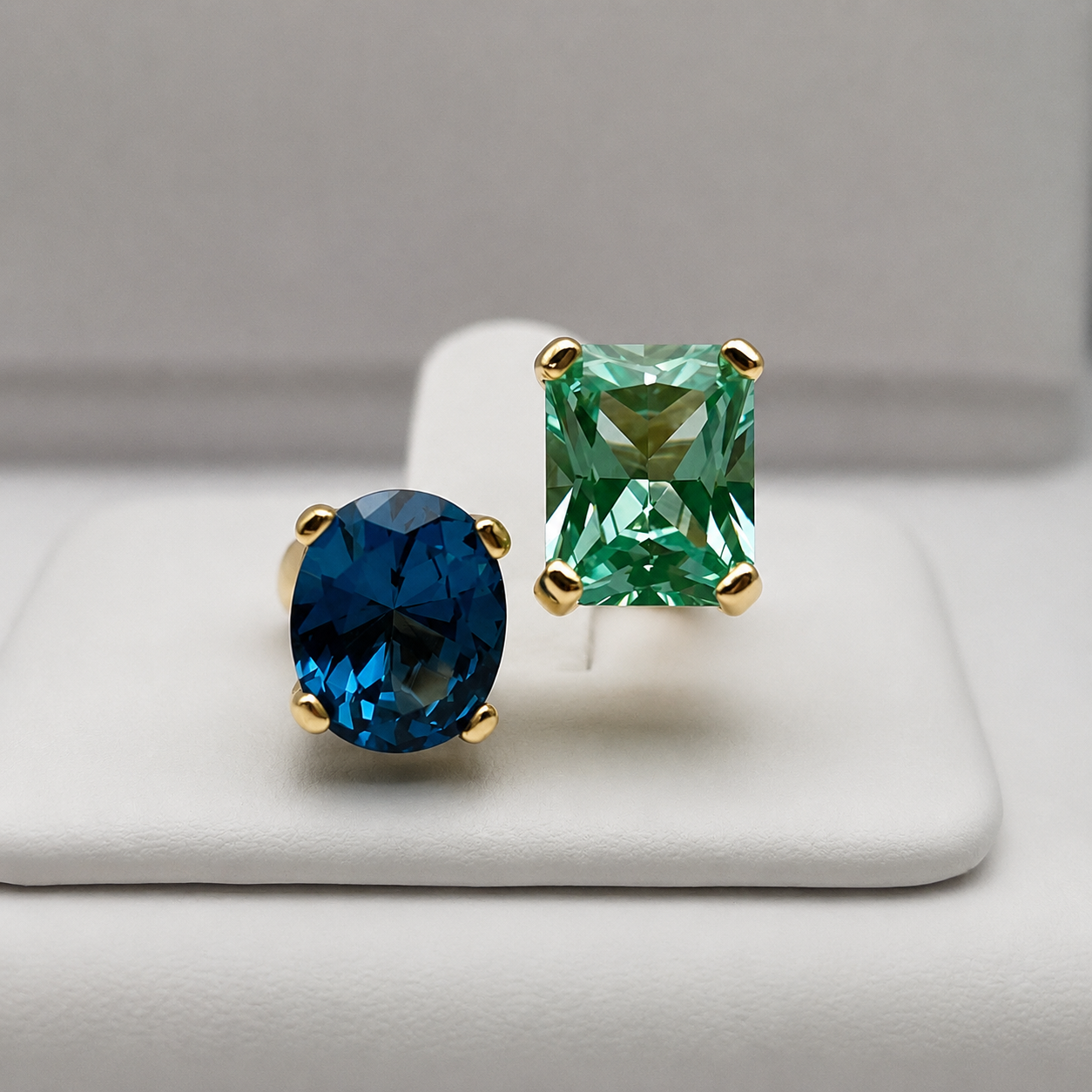 6.5ctw London Blue & Mint Green Spinel Ring | Toi et Moi Ring | Open Adjustable Design