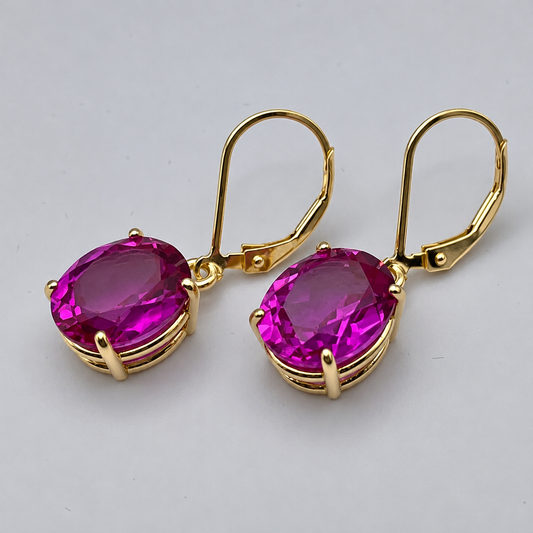 10ctw Bright Pink Sapphire Oval Drop Earrings in Solid Gold