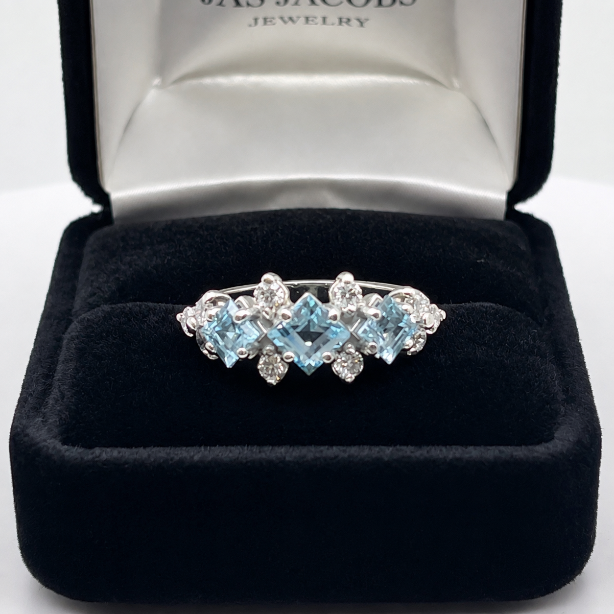 Art Deco Inspired Princess Cut Sky Blue Topaz Three Stone Ring